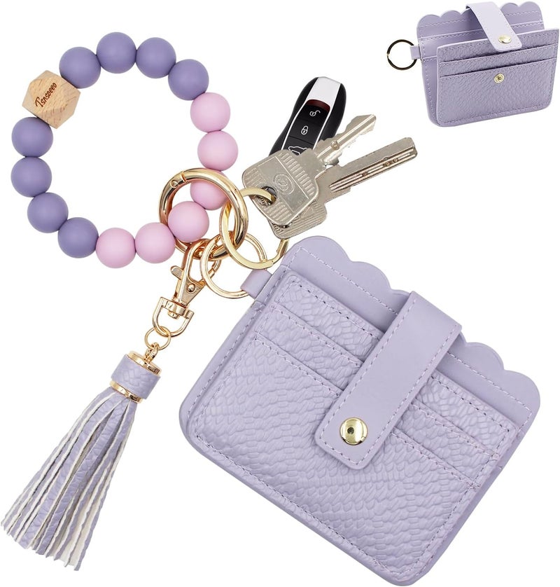 TSNSOEEO Keychain Wallet Wristlet Small Credit Card Holder Bracelet Key Chain Purse Bangle Tassel Beads Key Rings for Women - Image 1